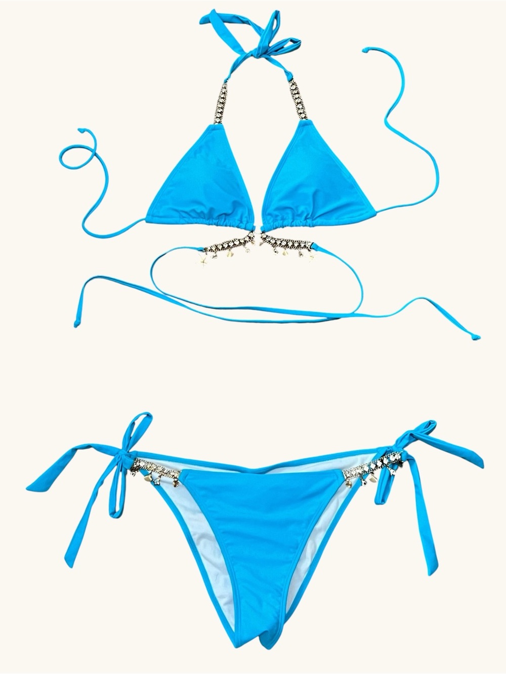 Blue Tie-Side Triangle Bikini Set with Jewel Accents - Picture 6 of 8